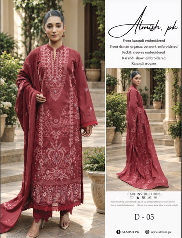 D-05 | Maroon Embroidered Karandi 3-Piece Suit with Shawl