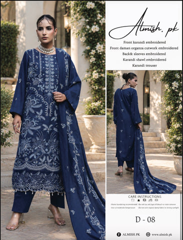 D-08 | Navy Blue Embroidered Karandi 3-Piece Suit with Shawl