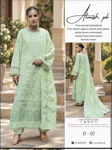 D-07 | Mint Green Embroidered Karandi 3-Piece Suit with Shawl