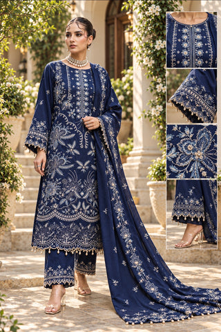 D-08 | Navy Blue Embroidered Karandi 3-Piece Suit with Shawl