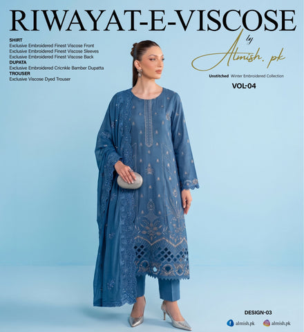 Riwayat-e-Viscose – Design 03

Elevate your winter wardrobe with Riwayat-e-Viscose, an exquisitely embroidered 3-piece ensemble crafted for timeless elegance and effortless sophistication.

Shirt:
• Exclusive embroidered finest vis