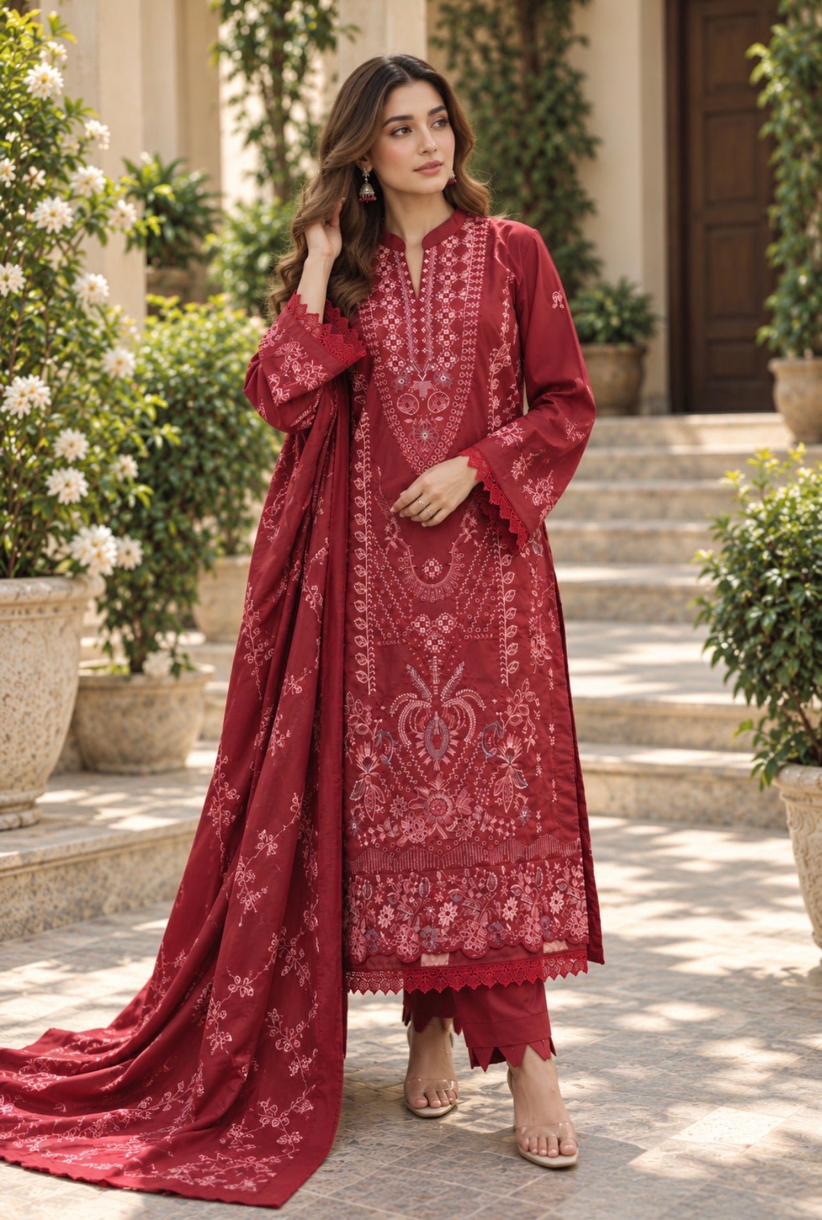 D-05 | Maroon Embroidered Karandi 3-Piece Suit with Shawl