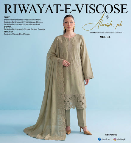 ✨ RIWAYAT-E-VISCOSE | Winter Embroidered Collection ✨

Elegance that speaks for itself. 🤍

Introducing a timeless 3-piece ensemble in a beautiful sage green shade, featuring intricate embroidery, a graceful crinkle bamber dupatta, and a sophisticated sil