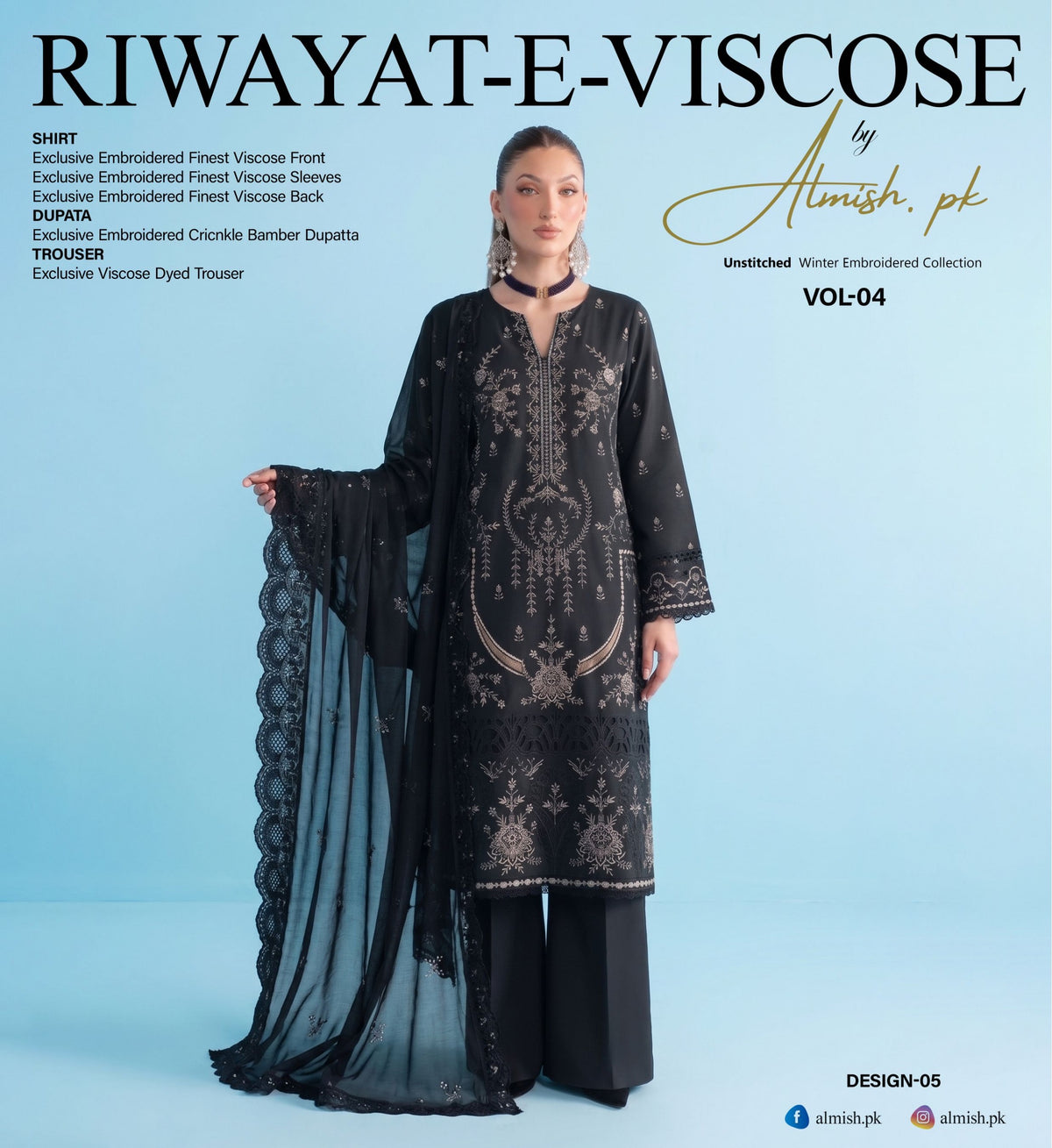 Riwayat-e-Viscose – Black Embroidered Viscose 3 Piece Unstitched Winter Suit